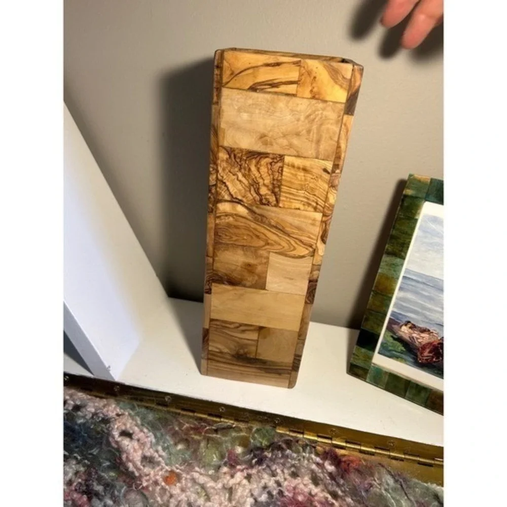 Olive Wood Patchwork Rectangular Vase Decorative‎ Mosaic Wood Holder 10.5 Inch